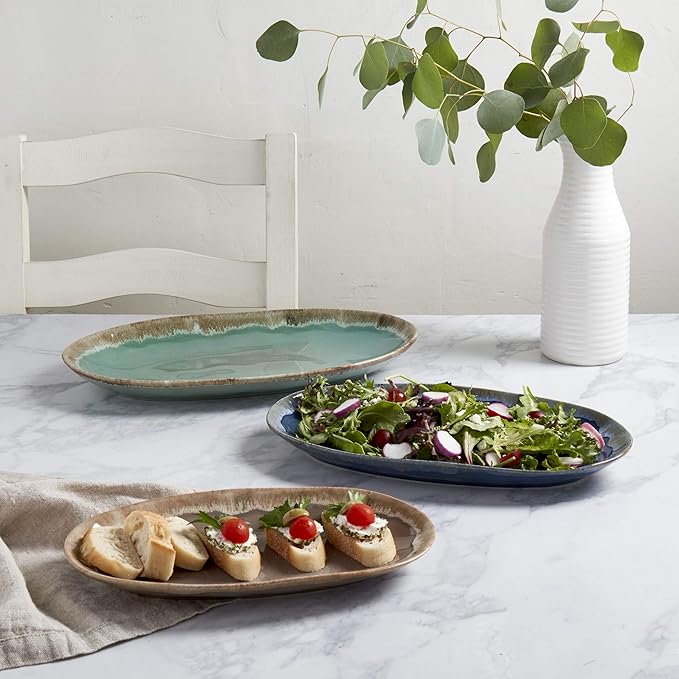 Tabletops Gallery Tuscan Reactive Glaze Stoneware- Platter Serving Bowl Mixing Bowl Mug Tuscan 3 Piece Oval Serving Platter Set (Blue Green and Brown)
