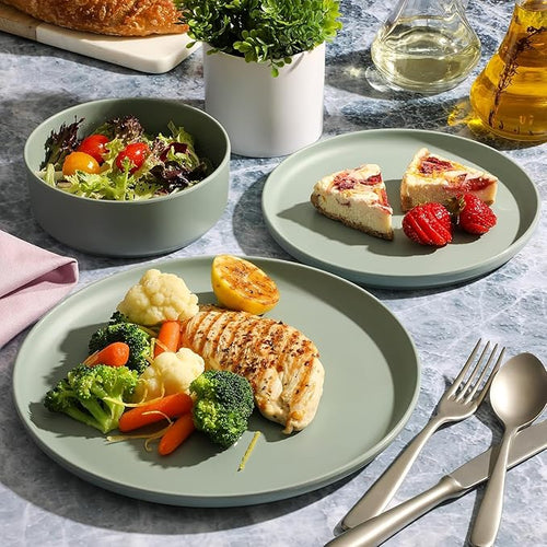 12-Piece Round Melamine Dinnerware Set – Lightweight Shatter-Resistant Plates &amp Bowls for 4 Stackable &amp Dishwasher Safe Tableware – Indoor &amp Outdoor Use (Sage Green)