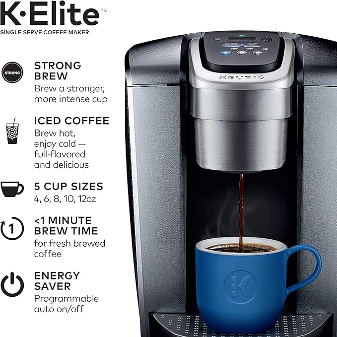 Keurig C K-Elite Maker Single Serve K-Cup Pod Brewer with Iced Coffee Capability Extra Included 75oz Brushed Silver Plus Filter Bundle