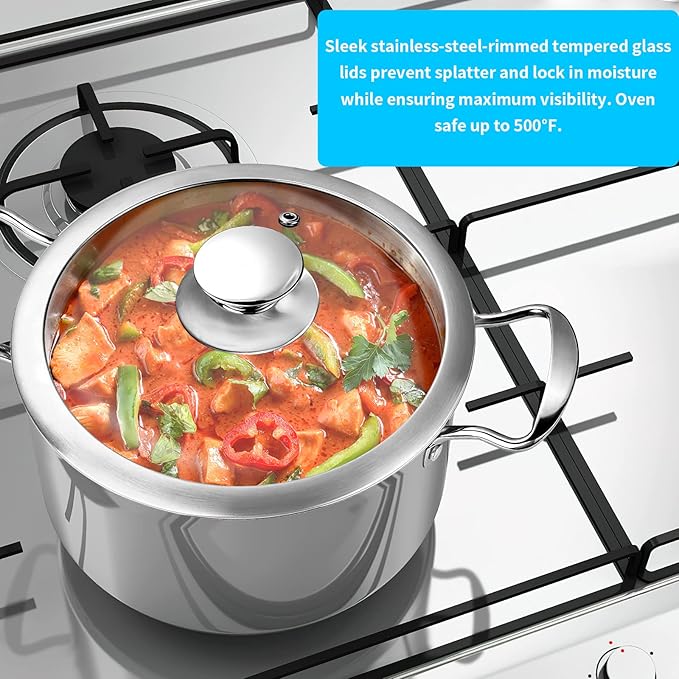 Stainless Steel Pots and Pans Set 7-Piece Kitchen Cookware Sets with Glass Lids Stay-Cool Handle Oven Safe Works with Induction/Electric and Gas Cooktops Dishwasher