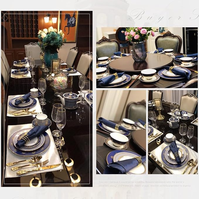 European Style Dinnerware Set Service for 4 Bone China Dinnerware Sets Unbreakable Porcelain Dinner Sets Coffee Cup and Saucer Tableware Set Steak Dinner Plates Dish Set Blue Gold