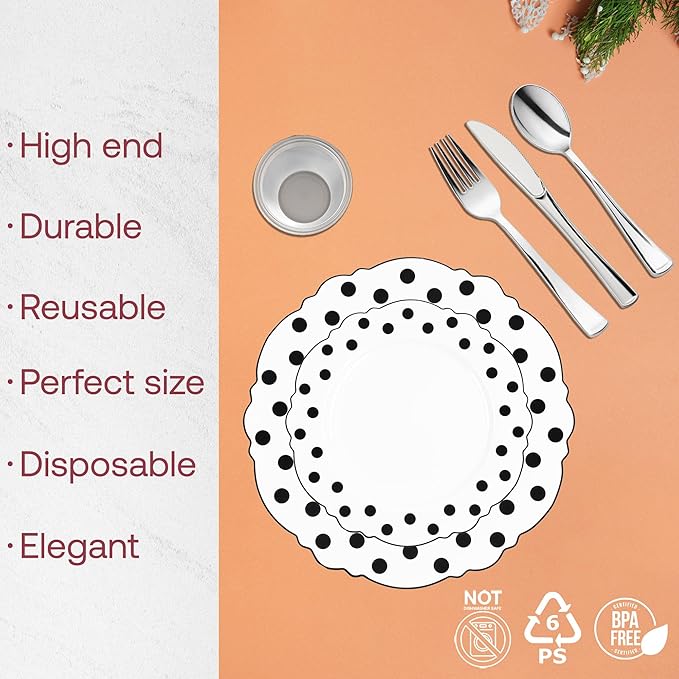 Smarty Had A Party Disposable Dinnerware Set 240 Pcs White with Black Dots Design 120 Dinner and 120 Salad Plates Heavy Duty Tableware for Weddings and Parties