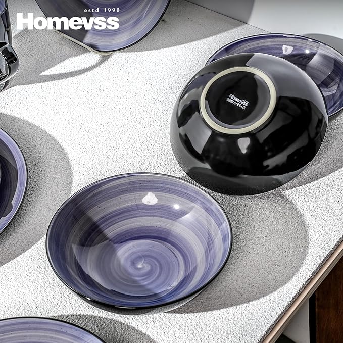 Sonoma Stoneware 16pc Dinnerware Set Outside Black + Inside Hand Painting Color Cobalt
