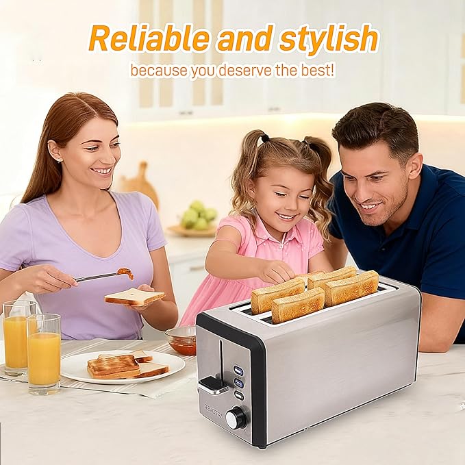 4 Slice Long Slot Stainless Steel Toaster with Extra Wide 1.5” Slots 6 Shade Browning Settings Defrost Reheat Cancel Functions Even Toasting for Artisan &amp Sourdough Bread Removable Crumb Tray