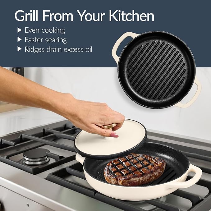 Best Choice Products Non-Stick Pot &amp Pan Cookware Set Cast Iron 2Qt Skillet W/Lid 10 Grill Or Griddle Pan W/Press 6Qt Enameled Dutch Oven Non-toxic For Cooking &amp Grilling - Vanilla