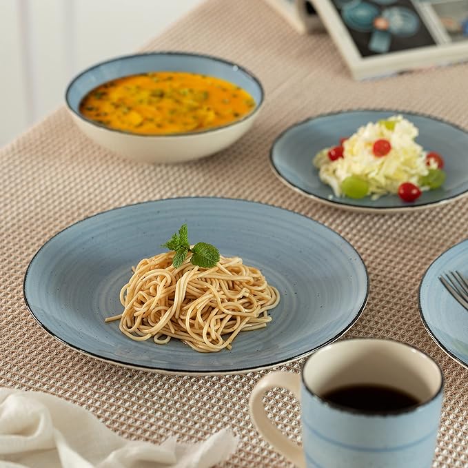 64-Pc Dinnerware Set for 16 Swirl Glazed Finish Includes Mugs Bowls Salad and Dinner Plates Chip Resistant Microwave Dishwasher and Oven Safe Blue