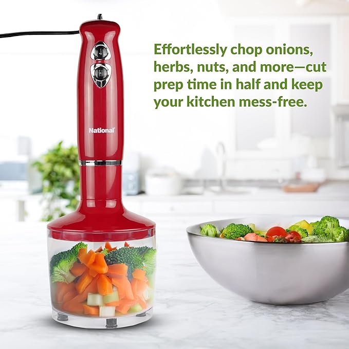 National NA-3104HB 4-in-1 Multi-Purpose Immersion Hand Blender Blend Puree Mash Chop and Whisk Two Speeds Splash Control and ETL Approved with Interchangeable Attachments (Red)
