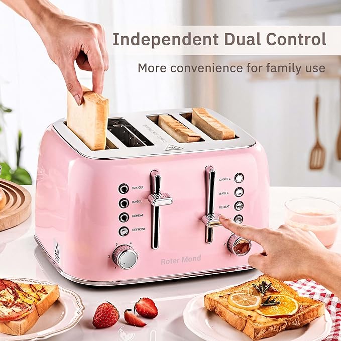 Roter Mond Toaster 4 Slice Retro Stainless Steel with Extra Wide Slots Bagel Defrost Reheat Function Dual Independent Control Panel Removable Crumb Tray 6 Browning Levels Pink