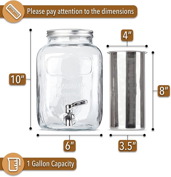 BTaT- 1 Gallon Cold Brew Coffee Maker Thick Glass Pitcher with Stainless Steel Filter Lid &amp Spigot Iced Coffee &amp Sun Tea Brewer Large Mason Jar Cold Brew Container Fast Iced Tea Maker for