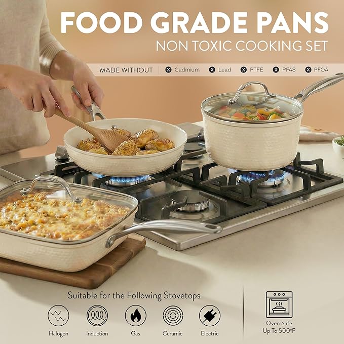 GOTHAM STEEL Hammered 20Pcs Ceramic Cookware Set Nonstick Induction Pots and Pans Set Non Stick with Deep Fry Pan Steamer and Bakeware Non Toxic PFOA PFOS Free Oven &amp Dishwasher Safe