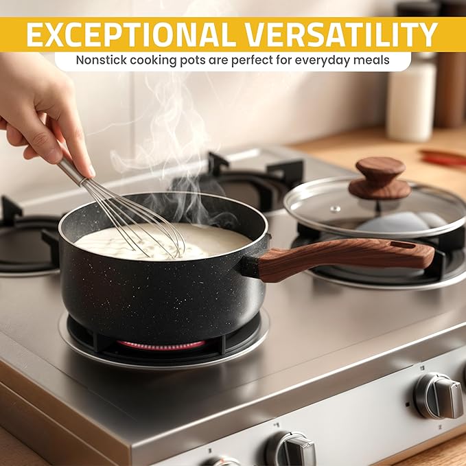KICHLY Granite Kitchen Cookware Set 8 Piece Nonstick Pots &amp Pans Set Induction Frying Pans Saucepan with Lids Induction Compatible Cookware PFOA-Free Non-Stick Cooking Set Black