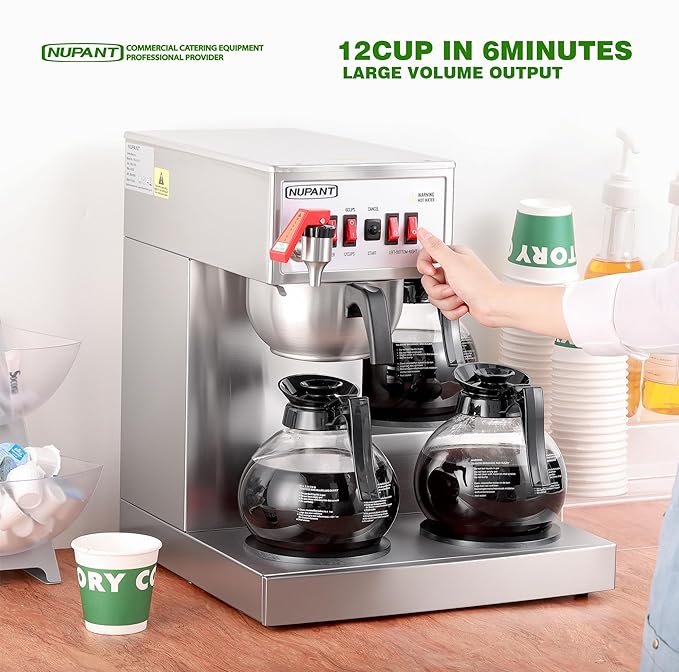 12 Cup Commercial Coffee Maker Auto Filling Drip Coffee Maker Machine with 3 Glass Carafes 3 Warmers Stainless Steel Pour Over Coffee Brewer with Hot Water Supply for Restaurant Office Cafe