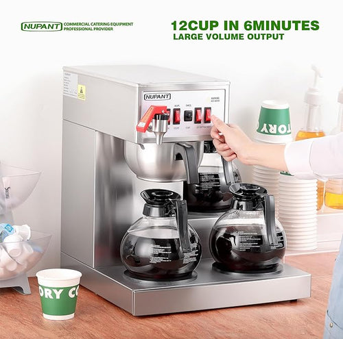 12 Cup Commercial Coffee Maker Auto Filling Drip Coffee Maker Machine with 3 Glass Carafes 3 Warmers Stainless Steel Pour Over Coffee Brewer with Hot Water Supply for Restaurant Office Cafe