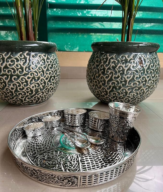German Silver Antique Finish Dinner Set/BHOG THAAL/Pooja thali Set for Diwali/Housewarming poooja