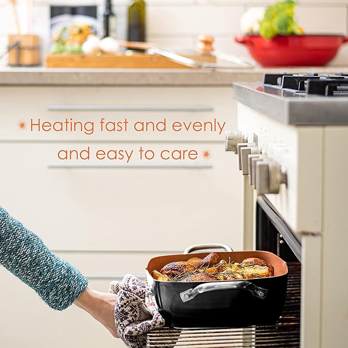 Moss &amp Stone 5 Pcs Copper Chef Cookware Set 9.5” Non Stick Deep Frying Pan Fry Basket Steamer Rack Dishwasher &amp Oven Safe Induction Copper Cookware Set Bundle With Square Grill Pan For In