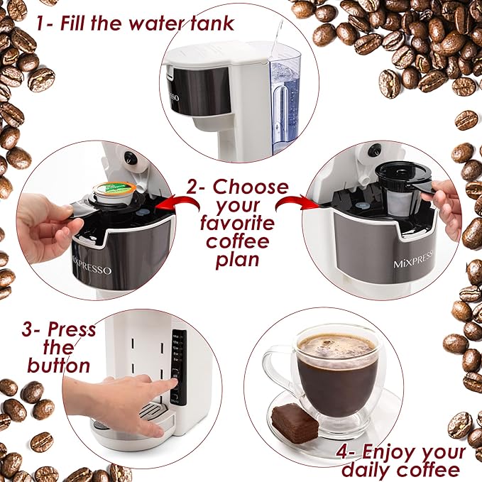 Mixpresso White Single Serve Coffee Brewer K-Cup Pods Compatible &amp Ground 30 oz Compact Coffee Maker Single Serve With 5 Brew Sizes Up To 14 Oz Fits Travel Mug Adjustable Drip Tray