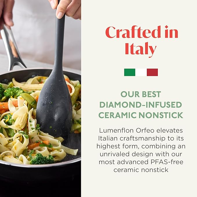 Orfeo 3QT Nonstick Saute Pan with Lid Made in Italy Diamond Ceramic PFAS-Free Cookware Induction Ready Scratch Resistant Laser-Fused Surface for Durability Dishwasher Safe Black