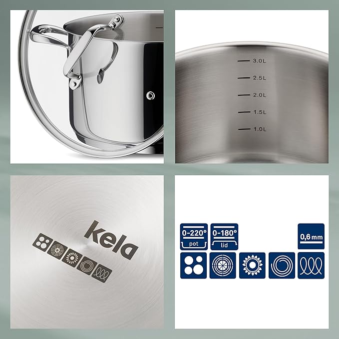 kela Kitchen Cookware Set Stainless Steel 7-Piece Kitchen Set Optimal Heat Distribution Flavoria Collection