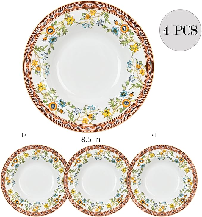 Bone China Deep Plate Set of 4 Dinner Plates Salad Plates Dinnerware Sets Serving Bowls Soup Bowls Tableware Set for Home and as a Gift (Wild Flowers)
