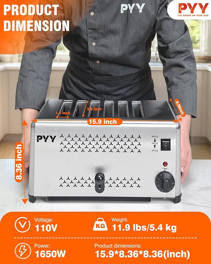 PYY Toaster Pop Up Wide Slots 1.57 inch Stainless Steel 6-Level Setting with Removable Crumb Tray 225 Slices/Hour 1800W - Bread Bagels Breakfast Texas Toast Restaurant Commercial
