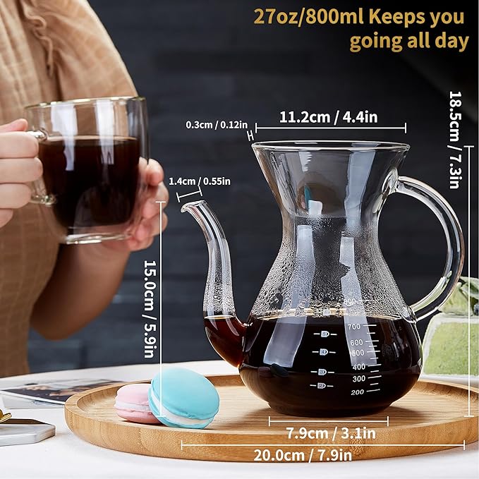 Unbreakable - Pour Over Coffee Maker with Double Stainless Filter 27 fl oz Thickened Heat-Resistant Borosilicate Glass Pour Over Coffee Dripper Stovetop Safe