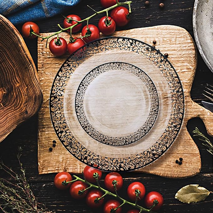 U-QE 100pcs Clear and Black Plastic Plates - Black Plates Disposable for Party - Disposable Plates for Premium Party Supplies Including 50 Dinner Plate 10.25 '' &amp50 Dessert 7.5 '' Plate