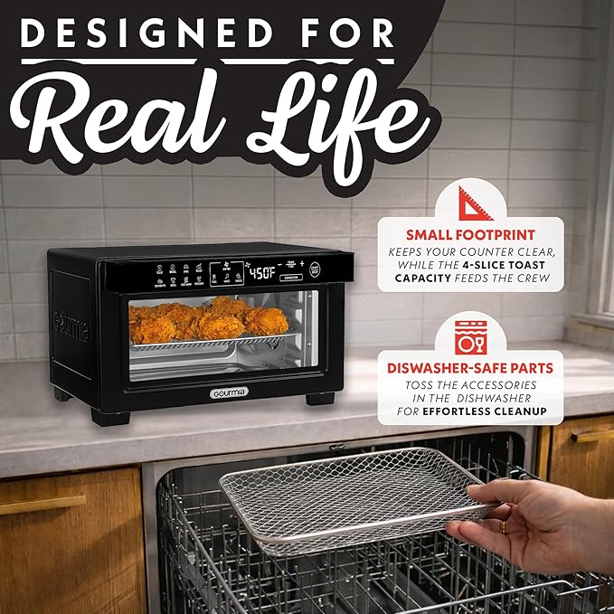 Gourmia Toaster Oven Digital Air Fryer - Convection Mode with 4 Slice Capacity 3 Rack Positions 12 Presets Toast Bagel Bake Roast Broil Dehydrate Popcorn Fits 9 Pizza Black