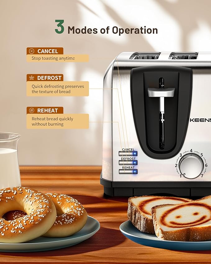 Toaster 4 Slice Keenstar Extra-Wide Slot Toaster with Dual Control Panels of Bagel/Defrost/Cancel Function 7 Toasting Bread Shade Settings Removable Crumb Trays Auto Pop-Up Stainless Steel