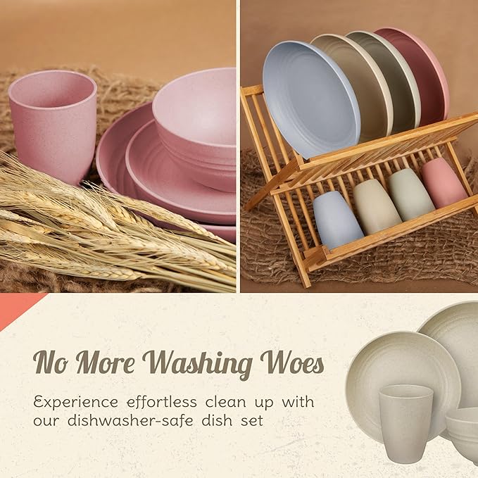 Camp Casual Camping Plates Cups and Bowls Set - 8-pc Wheat Straw Dinnerware Sets - 2 Bowls 2 Cups 2 Small &amp 2 Large Indoor/Outdoor RV Dishes - BPA Free Dishwasher &amp Microwave Safe (Drift wo