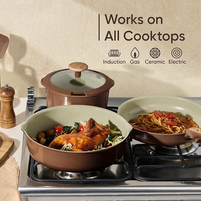 CAROTE 19PCS Ceramic Nonstick Cookware Set Pots and Pans Set with Detachable Handle PFAS-Free Non-Toxic Induction &amp Oven Safe Stackable Space-Saving Pistachio Green