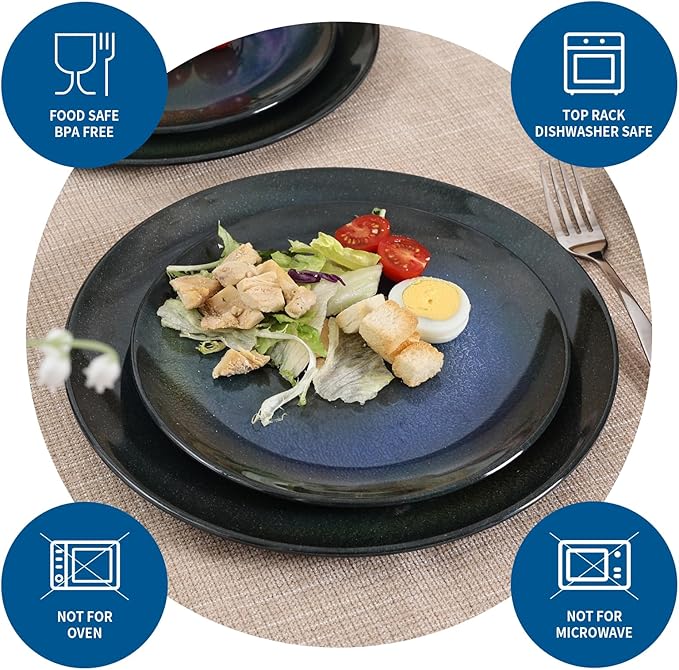 Melamine Dinnerware Set 12pcs Plates and Bowls Set Blue Dinner Dishes Set for Indoor and Outdoor BPA-Free Dishwasher Safe