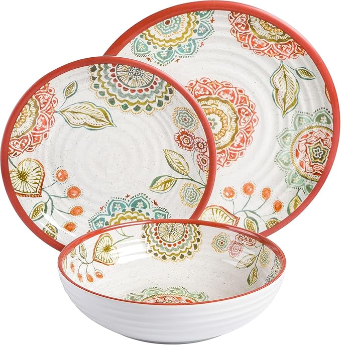 12-Piece Melamine Dinnerware Set – Ripple Edge Floral Design in Brick Red Lightweight &amp Chip-Resistant Plates and Bowls Dishwasher Safe Service for 4