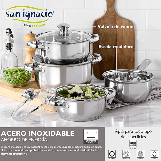 Kitchen Battery 7 Pieces SAN IGNACIO Faro Stainless Steel with pan Set (20/24/28 cm) SAN IGNACIO Moma in Forged Aluminum