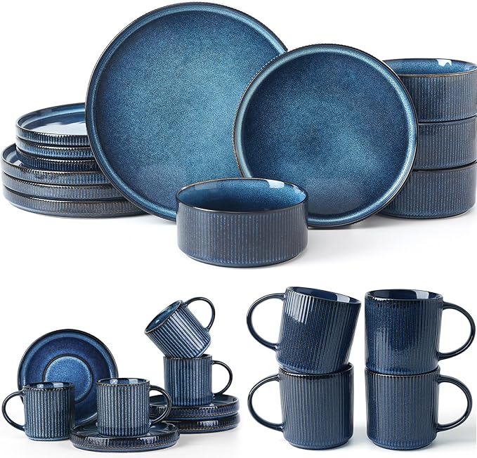 Famiware Dinnerware Set for 4 (12 Piece) and 12oz Mug Set and 3oz Espresso Cups and Saucers Set- Star Stoneware Dishes - Nebulas Blue