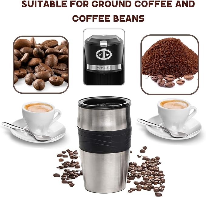 Mixpresso 2 in 1 Grind &amp Brew Automatic Personal Coffee Maker Automatic Single Serve Coffee Maker with Grinder Built-In and 14oz Travel Mug Auto Shut Off FunctionBlack Travel Coffee Maker