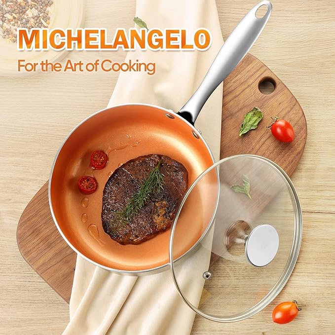 MICHELANGELO 8 Inch Frying Pan + 1 Quart Saucepan with Lid 2-Piece Copper Nonstick Cookware Set with Lid