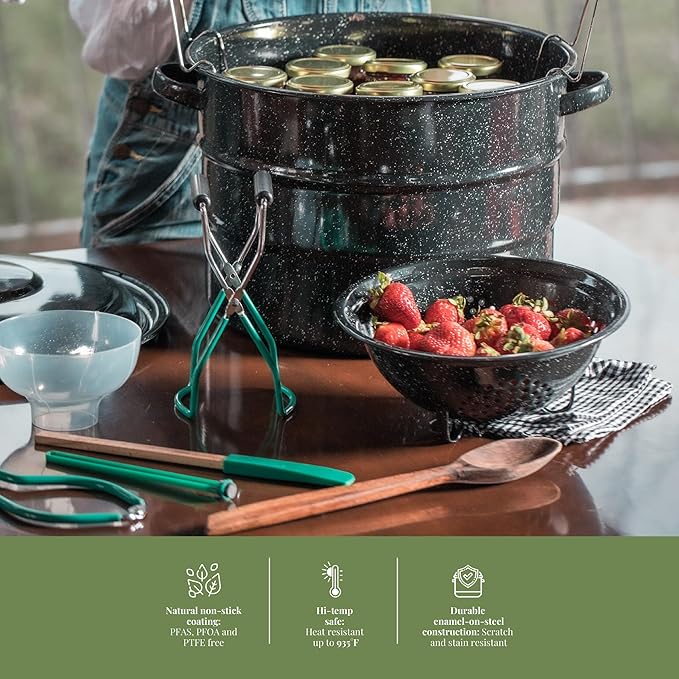 Granite Ware 9 Piece Enamelware Water bath Canning Pot with Canning kit Colander and Rack. Canning Supplies Starter Kit.