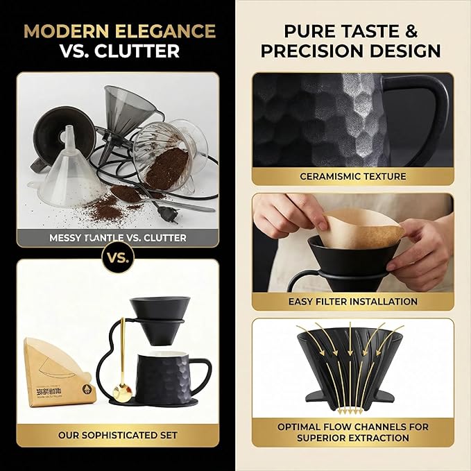 Pour Over Coffee Maker setCeramic Coffee Maker With V60 40 pcs Paper FilterMetal Stand 9oz 270ml mug Pour Over Coffee Dripper black