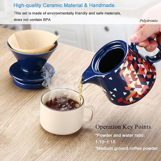 Pour Over Coffee Maker Ceramic Coffee dripper with 100 pcs Paper Filter Ceramic coffee Server with Lid 15.5oz/450 ml Suitable for 1-2 people (Blue)