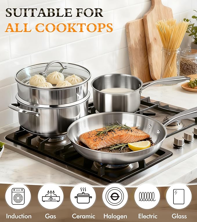 16-Piece Pots and Pans Set Tri-Ply Stainless Steel Cookware Set with Lids Non-toxic Kitchen Cooking Set Dishwasher-Friendly Induction-Ready Even Heating Heavy Duty Compatible with All Cooktops