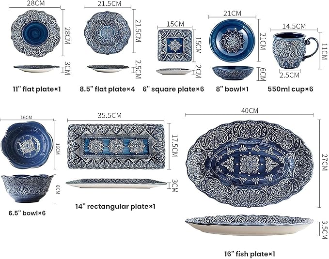 High-End Dinner Set Ceramics Dinner Sets 26 Pieces Porcelain Dinnerware Set | Relief Pattern Cereal Bowl and Steak Plate