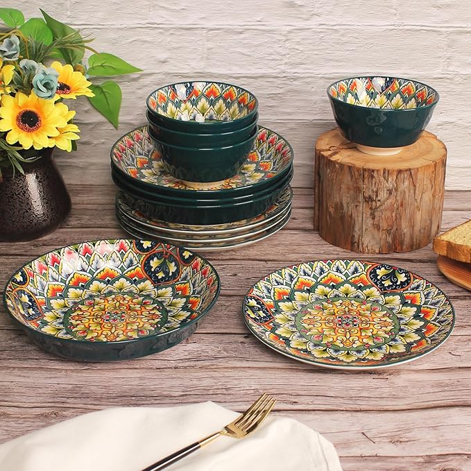YA JU Mandala Dinnerware Sets (12 Pcs) Serves 4 Buffet Dinnerware Boho Plates and Bowls Dish Set with 8 salad Plate 8 Dessert Plate 4.8 bowl apply Casual dining Indoor Outdoor Dining Party