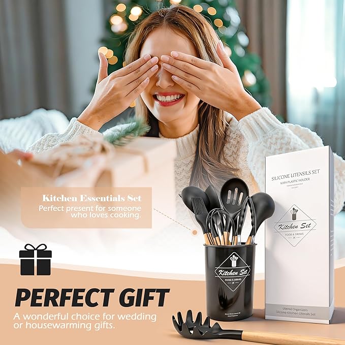 BlingKingdom Premium Silicone Cooking Utensil Set 24-Piece Non-stick Kitchen Cooking Utensils with Wooden Handle 446°F Heat Resistant Silicone Kitchen Utensil Tool for Nonstick Cookware - Black