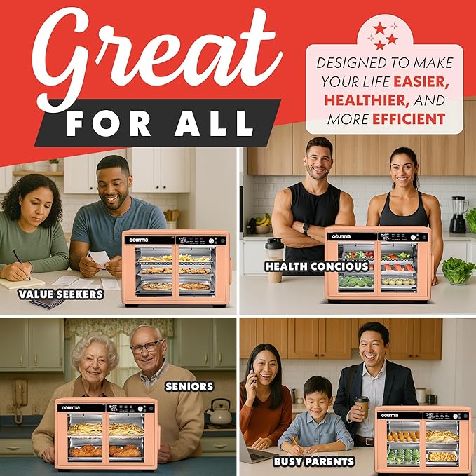 Gourmia French Door Air Fryer Oven - 37 Qt Large Capacity Convection Toaster Oven FryForce 360° Digital Display 12 Cooking Presets Dehydrate Fits 13” Pizza Dishwasher-Safe Peach