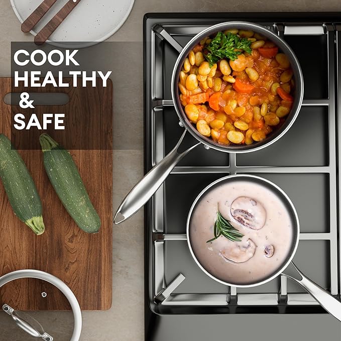 COOKER KING Stainless Steel 6 Pcs Pots Set 1.5 &amp 2QT Saucepan and 5-Quart Pots with Lids Non Stick Non Toxic Stay-Cool Handles Induction Oven Dishwasher Safe