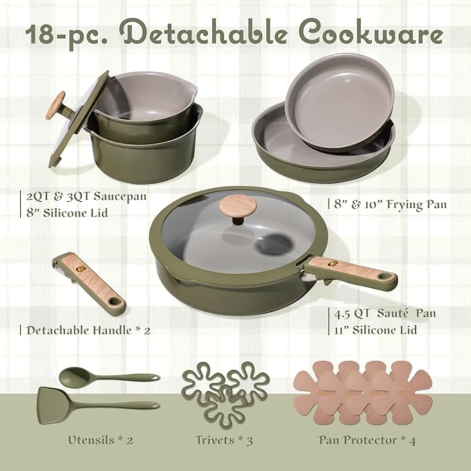 CAROTE 18 Pcs Ceramic Cookware Set Detachable Handle Non Toxic Pots and Pans Set Non Stick Induction Kitchen Cookware Removable Handles Oven Safe Stackable RV/Camping Cooking Set Green