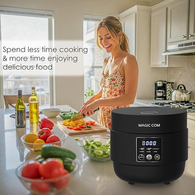 MAGiC COM Rice Cooker 4 Cup Uncooked (8 Cup Cooked) Small Digital Multi-Cooker with Steamer 24H Delay Timer Automatic Keep Warm Non-Stick Pot Perfect for Dorm Travel Single Serve (Black)