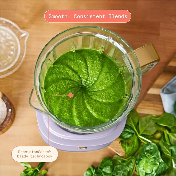 B PowerExact High-Performance 700-Watt Blender by Drew Barrymore 50-Ounce Pitcher Stainless 4-Tip Blade 3 Speeds + 4 Presets Dishwasher-Safe Parts Travel Cup Included (Lavender)
