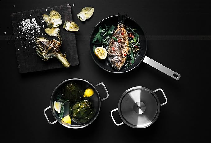 AEG 3pc (S) Pans Saucepans Set - Stainless Steel 24cm Frying Pan 16cm &amp 20cm Saucepans Induction Compatible