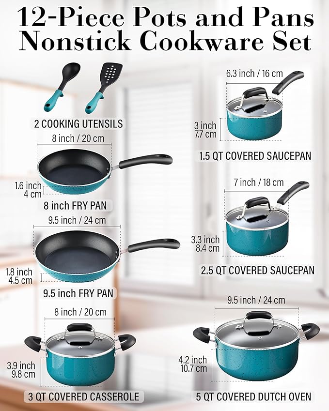 Cook N Home Pots and Pans Nonstick Cookware Set 12-Piece Kitchen Cooking Set with Frying Pans and Saucepans Induction Compatible Turquoise